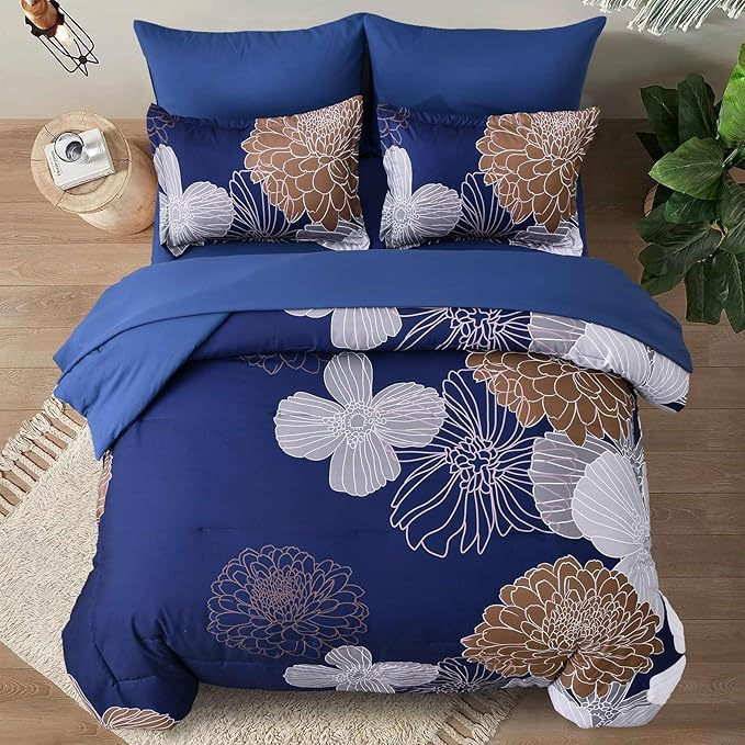 Yiran Navy Brown Comforter Set Queen Bed in a Bag 7 Pieces Floral Soft Microfiber Comforter Bedding Sets Bed Set with Comforter, Sheets, Pillowcases & Shams 90"×90"