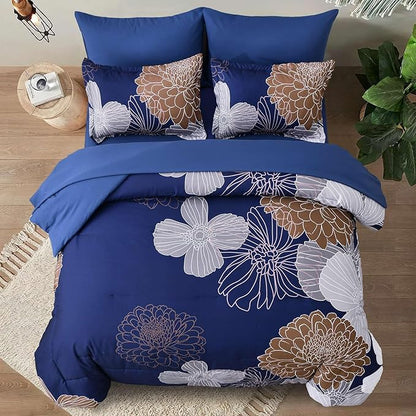 Yiran 7 Pieces Floral Comforter Bedding Sets Bed in a Bag Navy Brown Soft Microfiber Comforter Set with Comforter, Sheets, Pillowcases & Shams King Size 103"×90"