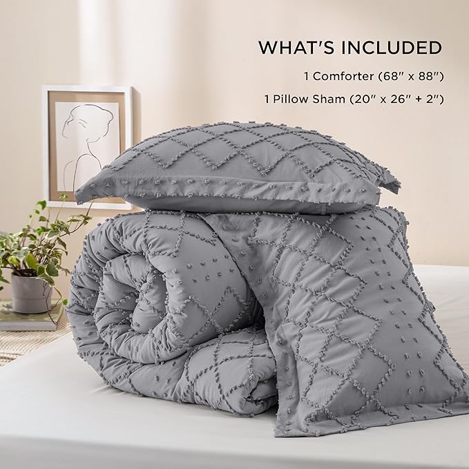 Bedsure Twin/Twin XL Comforter Set - Grey Boho Twin Extra Long Comforter Set for College, Shabby Chic Dorm Bedding Set, 2 Pieces Modern Farmhouse Bed Set, includes 1 Pillow Sham