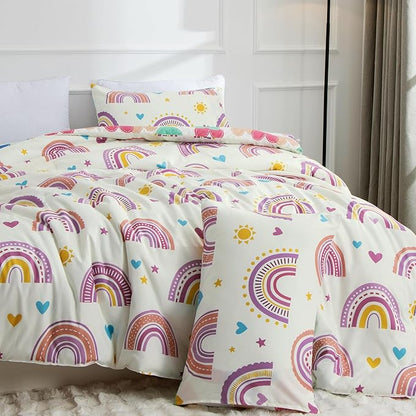 Btargot Lightweight Soft 3 Piece Rainbow Comforter Set with 2 Pillow Covers, Cartoon Love Hearts Suns and Stars Bedding Set for Girls Boys Kids, Twin Purple