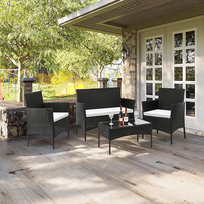 Outvita 4 Pieces Patio Furniture Set, Rattan Conversation Sets with Loveseat Soft Cushion and Glass Table for Garden Backyard Balcony Porch Poolside(Black)