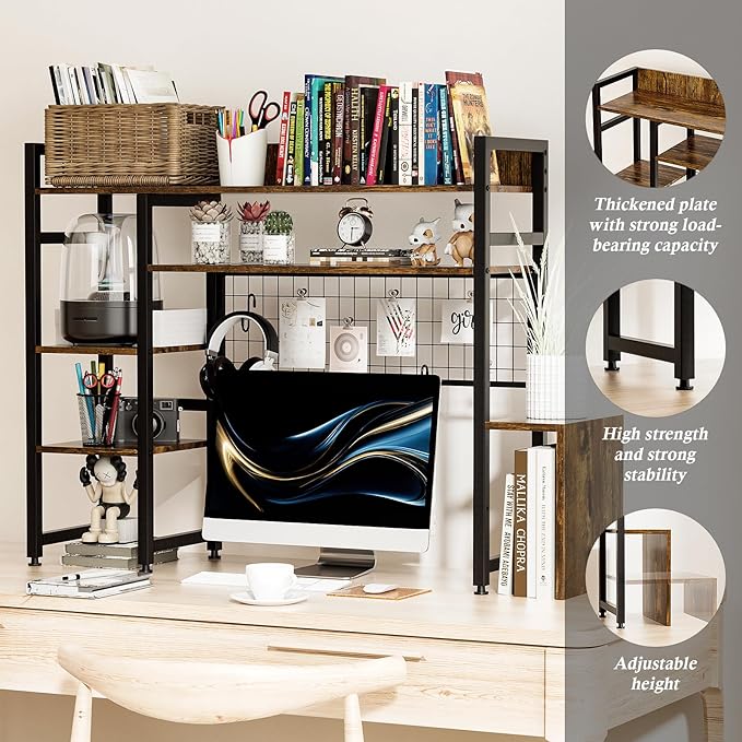 Computer Desktop Bookshelf Countertop Hutch Display Shelf Desktop Hutch Storage Organizer 2-Tier Multipurpose Wood Bookcase for Computer Desk for Home Office Study Room Bedroom