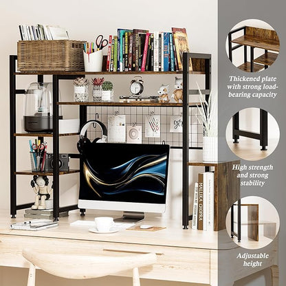 Computer Desktop Bookshelf Countertop Hutch Display Shelf Desktop Hutch Storage Organizer 2-Tier Multipurpose Wood Bookcase for Computer Desk for Home Office Study Room Bedroom