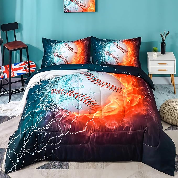 Andency Baseball Comforter Set Queen(90x90 Inch), 3 Pieces(1 Baseball Comforter, 2 Pillowcases) Sport Microfiber Comforter Set Bedding Set for Kids Boys Teens