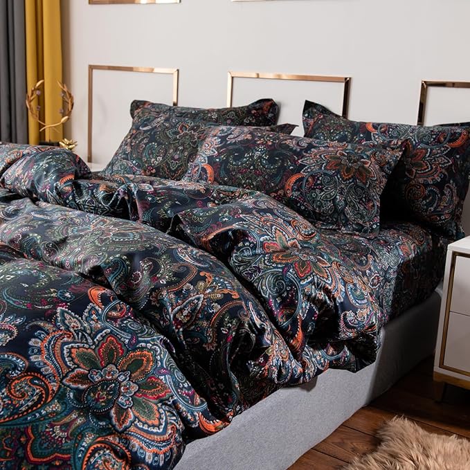 ABREEZE Luxury Vintage Black Duvet Cover Sets Damask Paisley Bedding Set Retro 100% Brushed Cotton Zipper Closure Bedding Collection Twin Size
