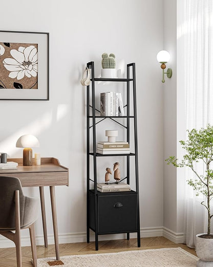 Narrow Bookshelf Bookcase with Drawer, Ladder Shelf with 2 Hooks, Bookshelves Storage Organizer, Freestanding Display Standing for Home Office, Bedroom, 5 Tier Black BC19504B