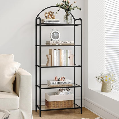 Bookcase Bookshelf, Tempered Glass Bookshelves, Slim Shelving Unit for Bedroom, Bathroom, Home Office, Steel Frame, 5 Tier Black BC21599B