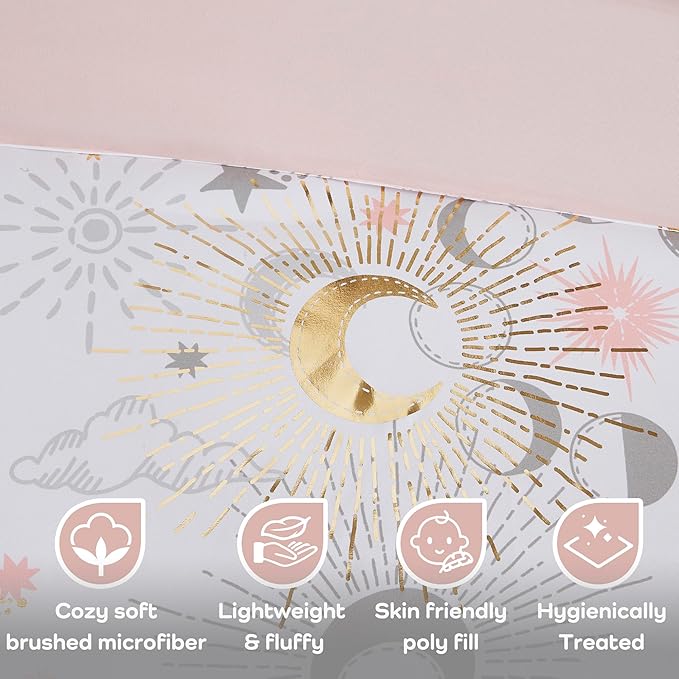 Mi Zone Kids Twin Comforter Set, Celestial Metallic Comforter Set Starry Sky, Moon & Sun Comforters, All Seasons Lightweight & Fluffy Comforter Bed Set, 1 Sham, Celia, Twin, Blush/Gold 3 Piece