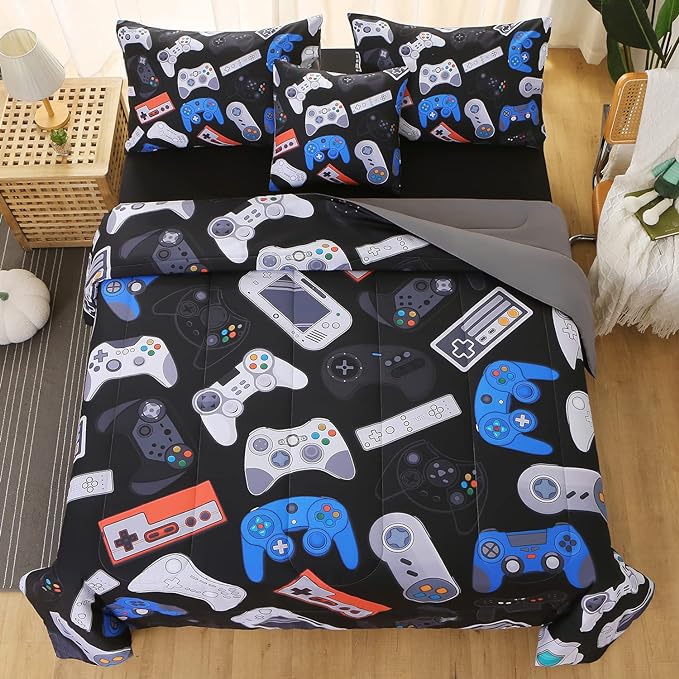 JQinHome Queen Gamer Comforter Set for Boys,6 Piece Bed in A Bag 3D Video Game Bedding -All Season Soft Microfiber Down Alternative Comforter Gamer Bedding Sets for Kids(Gamepad Collection)