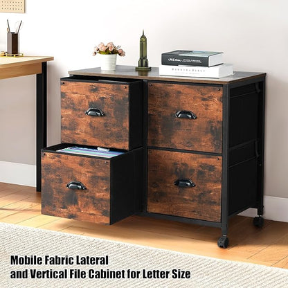 TOPSKY 4 Drawers Mobile Fabric Lateral File Cabinet with Casters for Letter SIze File (Rustic Brown)
