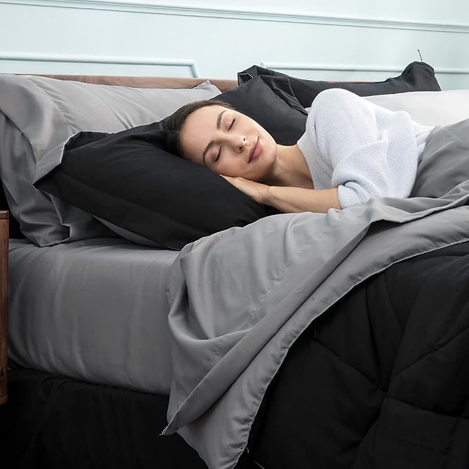 Bedsure Black Comforter Set Queen - 7 Pieces Reversible Black Bed in a Bag with Comforters, Sheets, Pillowcases & Shams, Queen Black Bed Set
