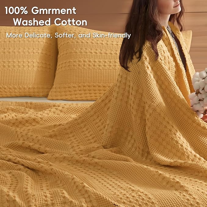 PHF 100% Cotton Waffle Weave Blanket King Size, Soft Lightweight Breathable Cozy Summer Blankets for Bed, Luxury Aesthetic Woven Bedding for Home Decor, 108"x90", Ginger/Honey Yellow