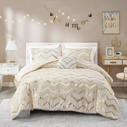 Codi Cream White and Gold Comforter Set for Twin/Twin XL Size, Cute Metallic Ivory Bed Sets, 3 Piece (1 Matching Sham + 1 Decorative Pillow)