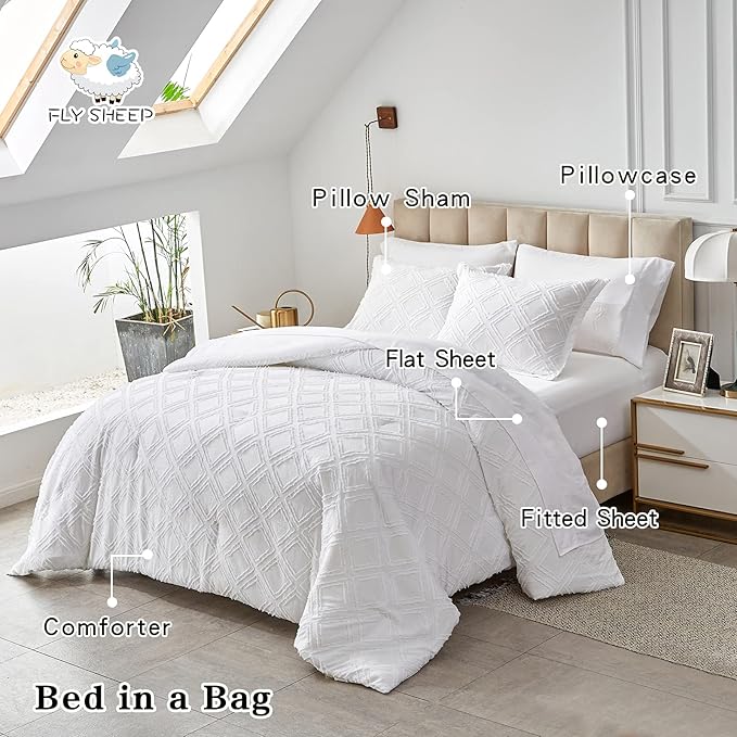 7 Pieces Tufted Bed in a Bag King Comforter Set with Sheets White, Soft and Embroidery Shabby Chic Boho Bohemian, Luxury Solid Color with Diamond Pattern, Jacquard Tufts Bedding Set for All Season