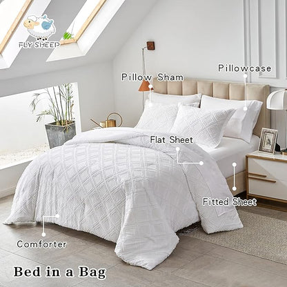 7 Pieces Tufted Bed in a Bag King Comforter Set with Sheets White, Soft and Embroidery Shabby Chic Boho Bohemian, Luxury Solid Color with Diamond Pattern, Jacquard Tufts Bedding Set for All Season