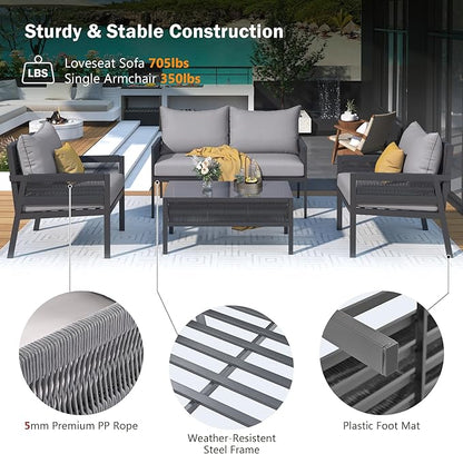 4-Piece Patio Conversation Furniture Set, Rope Weave Outdoor Loveseat Sofa with 2 Armchairs, Thick Cushion&Tempered Glass Table, for Garden Backyard, Onesize, Gray