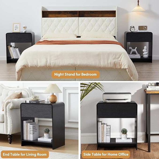 Fluted Nightstand Set of 2 with Charging Station, Modern Bed Side Table End Table with Drawer Storage, Large Wooden Night Stands Bedside for Bedroom Living Room Sofa Office, Black 2 Sets