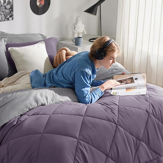 Bedsure Grayish Purple Full Size Comforter Set - 7 Pieces Reversible Full Bed in a Bag, Full Bed Set Grayish Purple and Grey with Comforters, Sheets, Pillowcases & Shams