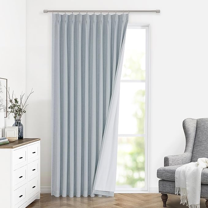 Vision Home Blue Fog Pinch Pleated Full Blackout Curtains Linen Blended Room Darkening Window Curtains 102 inch for Living Room Bedroom Thermal Insulated Pinch Pleat Drapes with Hooks 60" Wx102 Lx1