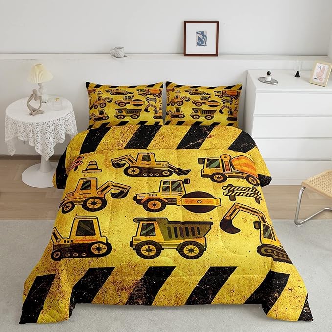 Tractor Bedding Set King Size, Equipment Truck Comforter Set, Construction Excavator Down Comforter, Yellow Vehicle Super Soft Quilt Set for Kids Boys Teens, Construction Site Car Comforter Decor