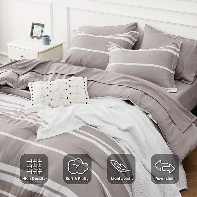 Bedsure Bed in a Bag King 7 Pieces, Warm Taupe White Striped Bedding Comforter Sets All Season Bed Set, 2 Pillow Shams, Flat Sheet, Fitted Sheet and 2 Pillowcases