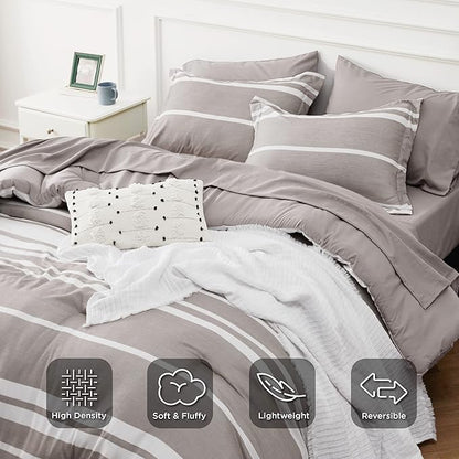 Bedsure California King Comforter Set 7 Pieces, Warm Taupe White Striped Bedding Comforter Sets All Season Bed Set, 2 Pillow Shams, Flat Sheet, Fitted Sheet and 2 Pillowcases