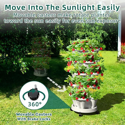 6 Tiered Strawberry Vertical Planters 2 Pack, Stacking Tower Garden with Support Pole, Stackable Herb Vegetable Planter Indoor Outdoor White