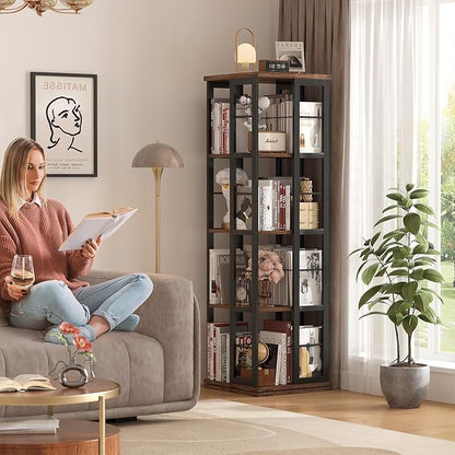 Aheaplus Rotating Bookshelf, Corner Bookshelf, 360 Display Wood Spinning Bookshelf, Floor Standing Bookcase Narrow Shelf Revolving Organizer Storage Rack for Small Space, Bedroom, Study Room