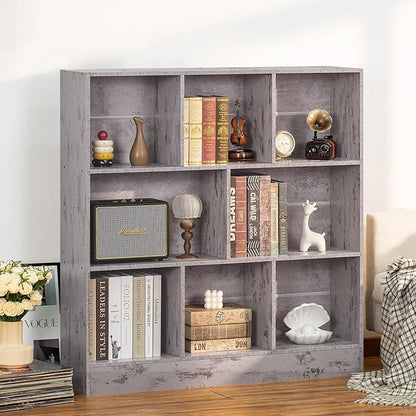 LEYAOYAO 8 Cube Bookshelf with Base,3 Tier Mid-Century Modern Grey Bookcase,Standing Wide Bookshelves Storage Organizer Shelf,Rustic Wood Display Cabinet Book Shelves for Bedroom,Living Room,Office