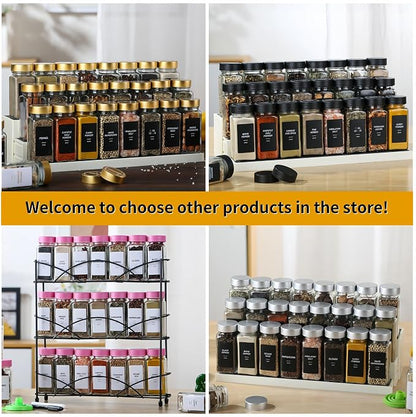 24 Spice Jars with Labels, 4oz Seasoning Jars for Cabinets, Drawers, Racks | Lead-free glass seasoning containers with black airtight lids, and they are dishwasher safe