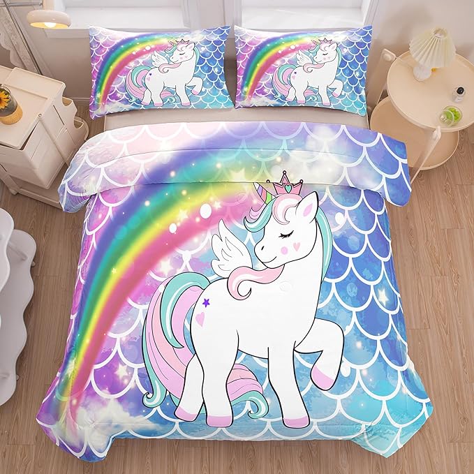 Tailor Shop Unicorn Girls Comforter Sets Full Size,Blue Unicorn Bedding Sets for Kids Teens with 2 Pillowcase……