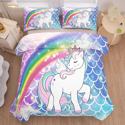 Tailor Shop Unicorn Girls Comforter Sets Full Size,Blue Unicorn Bedding Sets for Kids Teens with 2 Pillowcase……