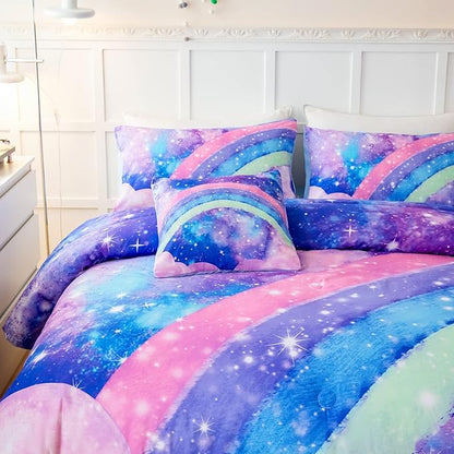 Rainbow Nebula Teen Bedding Comforter Set for Girls, Gradient Glitter Bedding Set Full Size, 3D Tie Dye Blue Comforter Bedding Sets, 6Pcs Bed in A Bag for All Season