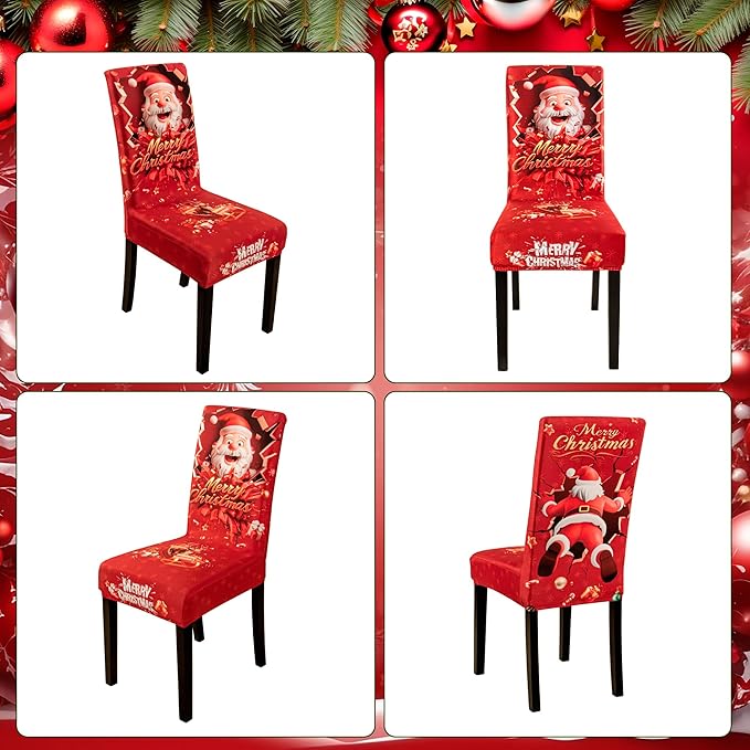 6PCS Christmas Dining Chair Covers Stretch Removable Washable Dining Room Chair Protector Slipcover 3D Print Santa Claus Deer Kitchen Chair Cover Slipcovers Protector for Xmas Holiday Party Home Décor