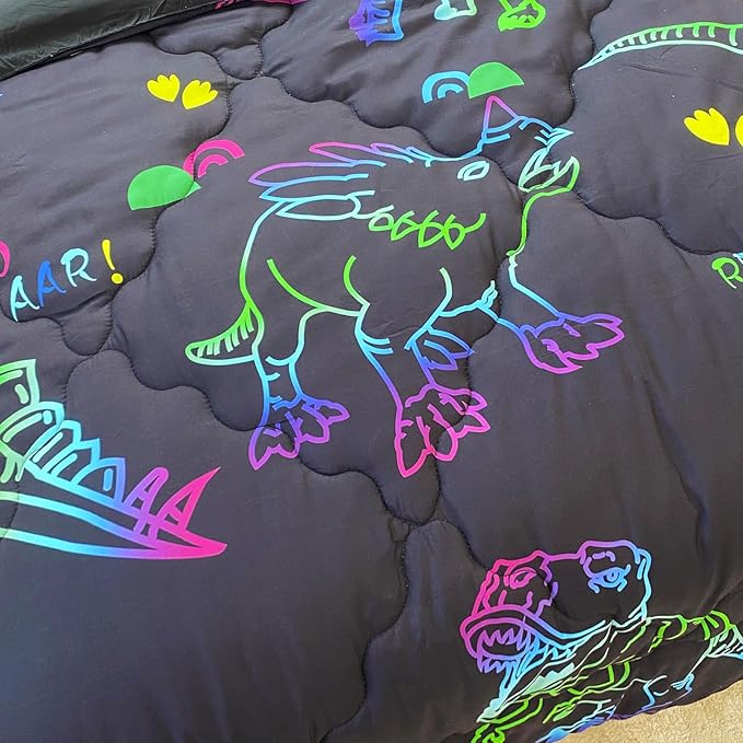 7 Piece Dinosaur Comforter Set -Twin Size for Boys 3D Print Sketch Dinosaur Bedding Set Bed in A Bag for Kids Teens Rainbow-Colored Gradient Line Animal Comforter