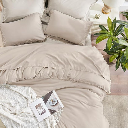 Andency Oatmeal Comforter Set Twin Size, 2 Pieces Boho Tassel Lightweight Bedding Comforter Sets, All Season Soft Fluffy Fringe Bed Set (66x90In Comforter & 1 Pillowcase)