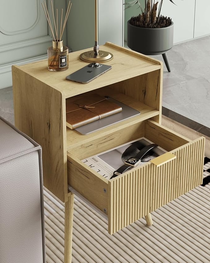 Nightstand,Modern Bedside Table with Storage Drawer and Open Wood Shelf, Accent Night Stand with Solid Wood Legs for Living Room, Bedroom and Small Spaces,Easy Assembly (Yellow Oak)