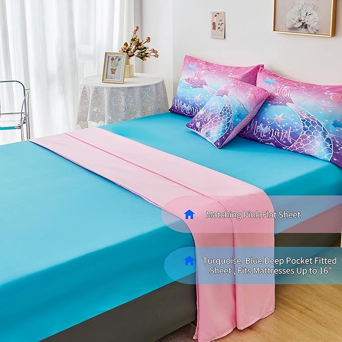 RYNGHIPY Mermaid Comforter Set 6Pcs, Kids Gilrs Bed in a Bag Queen Size, Mermaid Tail Print Teens Girls Bedding Set, Rainbow Bedding Collections