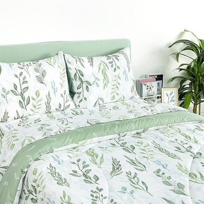 DILIMI Full Size Comforter Set for Girls, 5 Pieces Reversible Comforter Full Size, Ultra Soft Green Leaf Full Size Bed Comforter Sets with Sheet, Comforter, Flat Sheet, 2 Pillowcase
