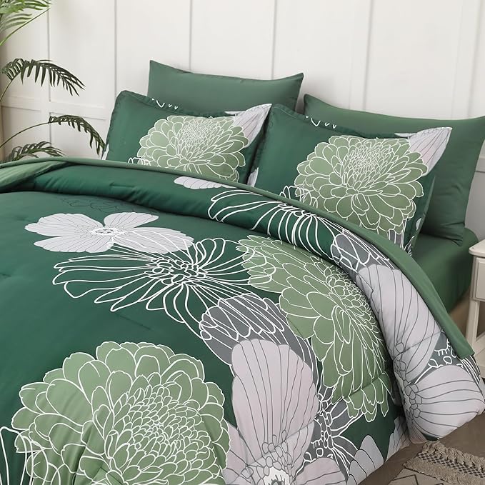 Yiran 7 Pieces King Size Comforter Set,Dark Green Floral Bed in a Bag Comforter and Sheet Set, Soft Microfiber Lightweight Bedding Set for All Season 103"×90"