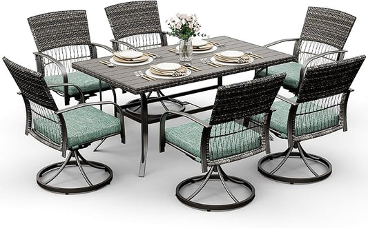 Pamapic 7 Piece Patio Dining Set for 6,Outdoor Wicker Furniture Set for Backyard Garden Deck Poolside with 6 Cushions Swivel Rocker Chairs,Iron Slats Table Top, Removable Cushions(Green)
