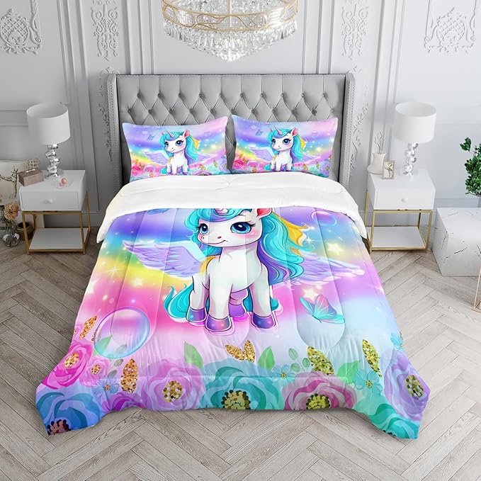 Kid Unicorn Comforter Set Twin Size 3Pcs Butterfly Rainbow Flower Star Pattern Quilt Bedding Set for Boys Girls with 1 Comforter and 2 Pillowcases