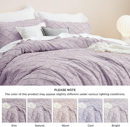 Bedsure Full Size Comforter Set - Lavender Comforter, Boho Tufted Shabby Chic Bedding Comforter Set, 3 Pieces Vintage Farmhouse Bed Set for All Seasons, Fluffy Soft Bedding Set with 2 Pillow Shams