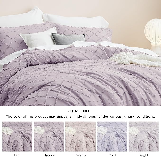 Bedsure Queen Comforter Set - Lavender Comforter, Boho Tufted Shabby Chic Bedding Comforter Set, 3 Pieces Vintage Farmhouse Bed Set for All Seasons, Fluffy Soft Bedding Set with 2 Pillow Shams