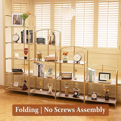 No Assembly Folding Bookshelf for Living Room, 2 Tier Gold Collapsible Book Shelf for Home Office, Portable Bookcase Storage Organizer
