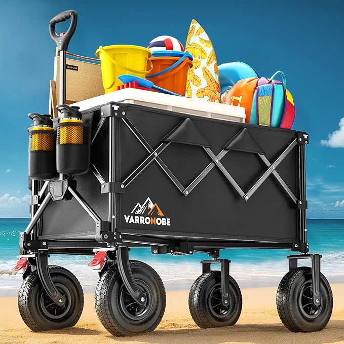Big Rubber Wheels Beach Wagon Cart Foldable, 9x3 All-Terrain Wheels, Heavy Duty Collapsible Utility Wagon with 330lbs Capacity, Compact Storage, Easy Transport for Sand Camping Sports, Black
