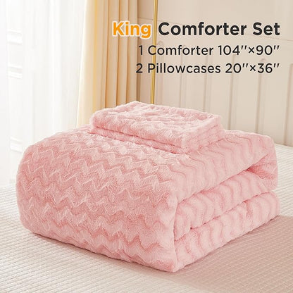 Andency Pink King Size Comforter Set, 3 Pieces Fleece Fuzzy Fluffy Bedding Set, Plush Shaggy Faux Fur Warm Bed Set