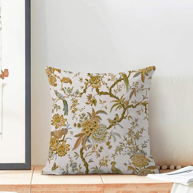 CXMEIFLY Summer Floral Birds Pillow Covers 16 x 16 Inch Set of 2 for Chinoiserie Flowers Spring Decor Throw Pillows Mustard Yellow Plant Outdoor Decorative Cushion Cases for Couch Bed Decorations