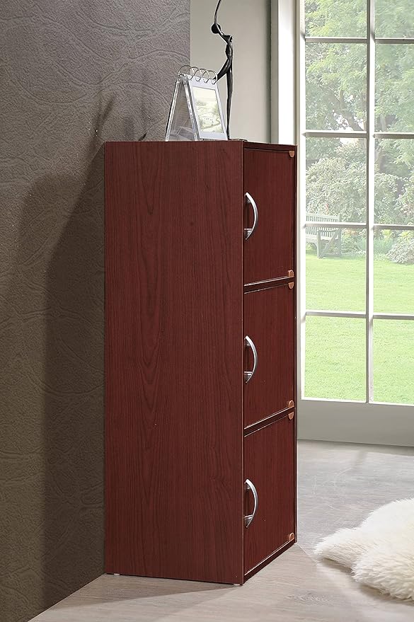 HODEDAH 3 Door Bookcase Cabinet, Mahogany