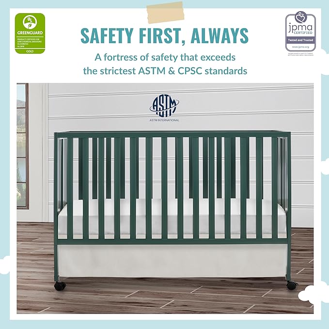 Quinn Full-Size Folding Crib in Olive, Removeable Wheels, Modern Nursey, Adjustable Mattress Support, Portable Crib, Patented Folding System